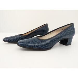 DeLiso Vintage Navy Croc Embossed Block Heel Pumps Womens 7 AA Americana Mid-Mod